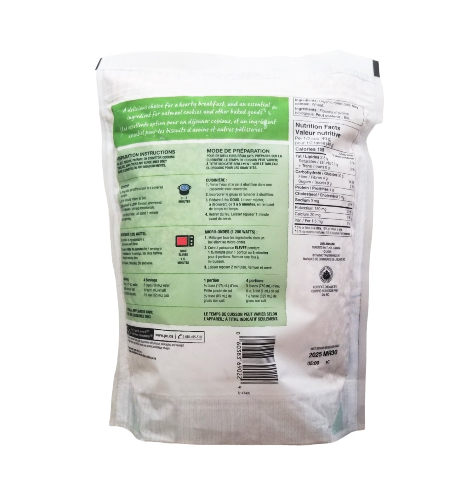 President's Choice Organics Quick Oats, 1kg/2.2 lbs. Bag